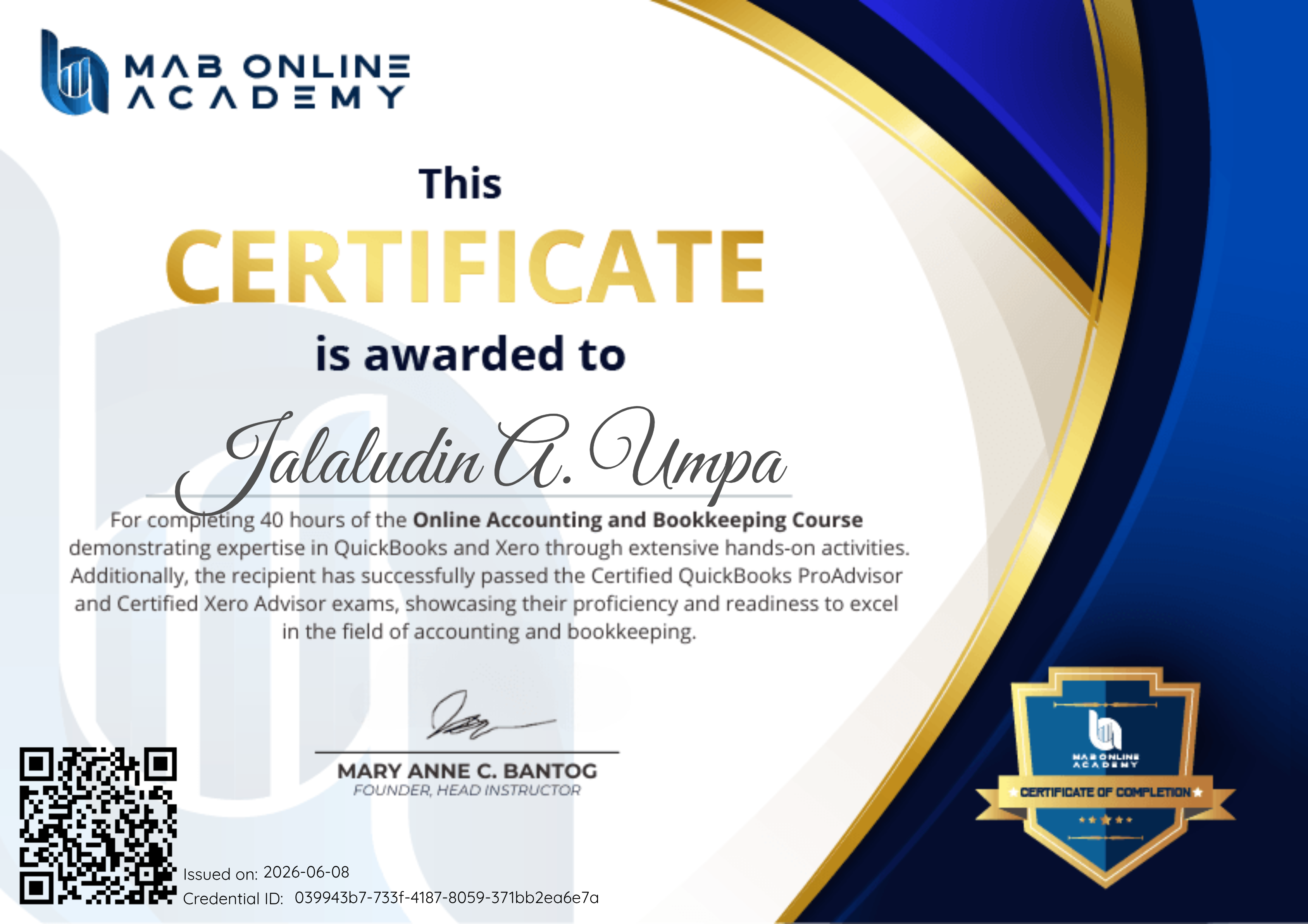 MAB Online Academy certificate