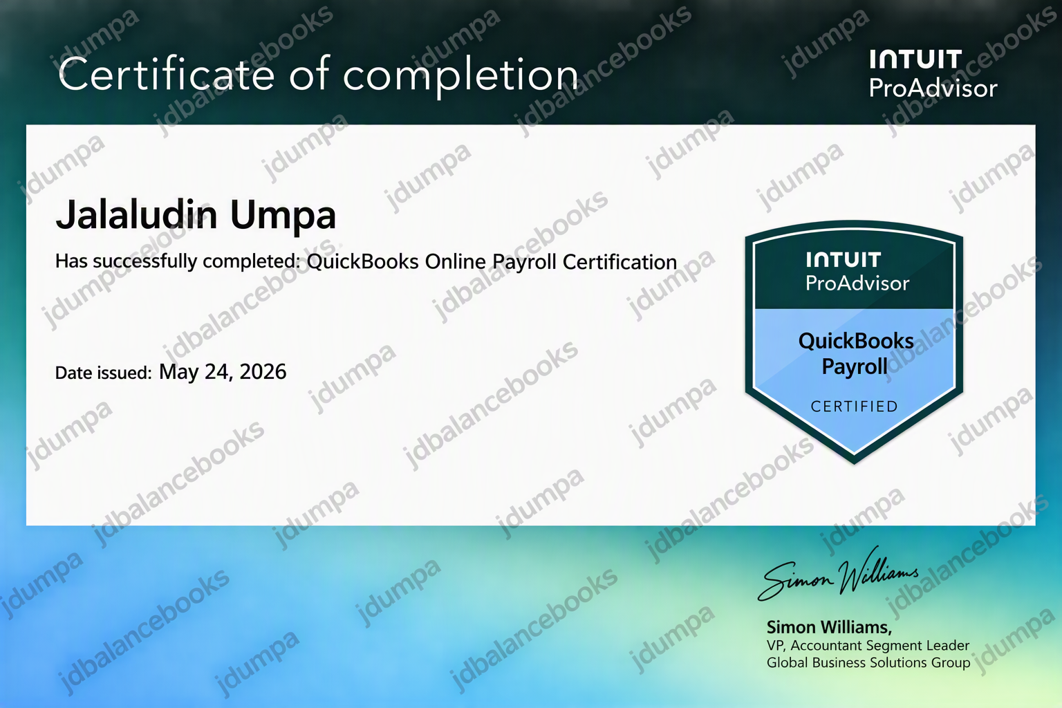 QuickBooks Online Payroll certificate