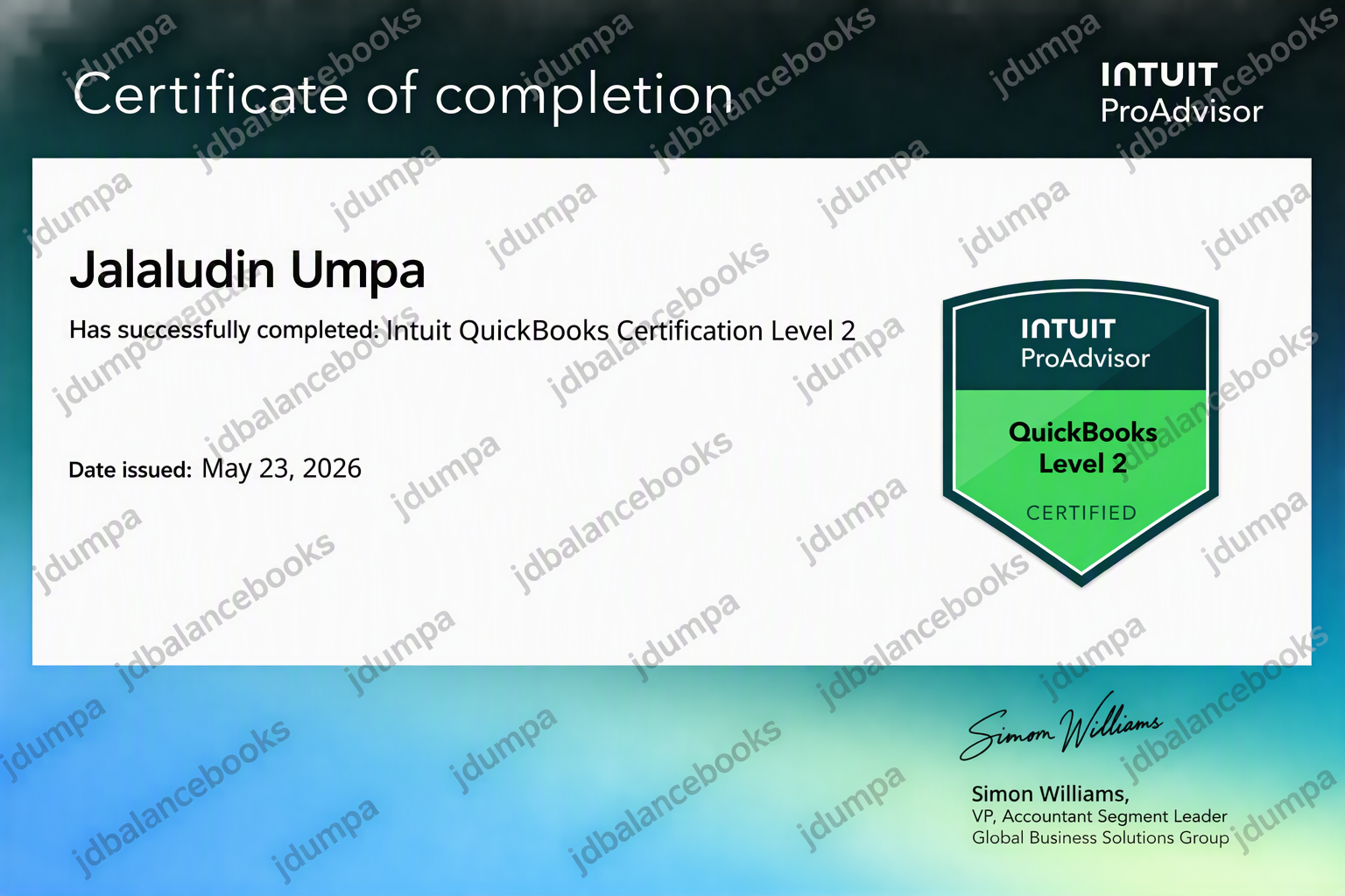 QuickBooks Level 2 certificate